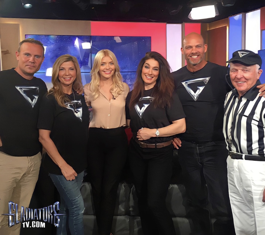 Holly Willoughby and the original Gladiators Ace, Panther, Jet, Hunter and referee John Anderson