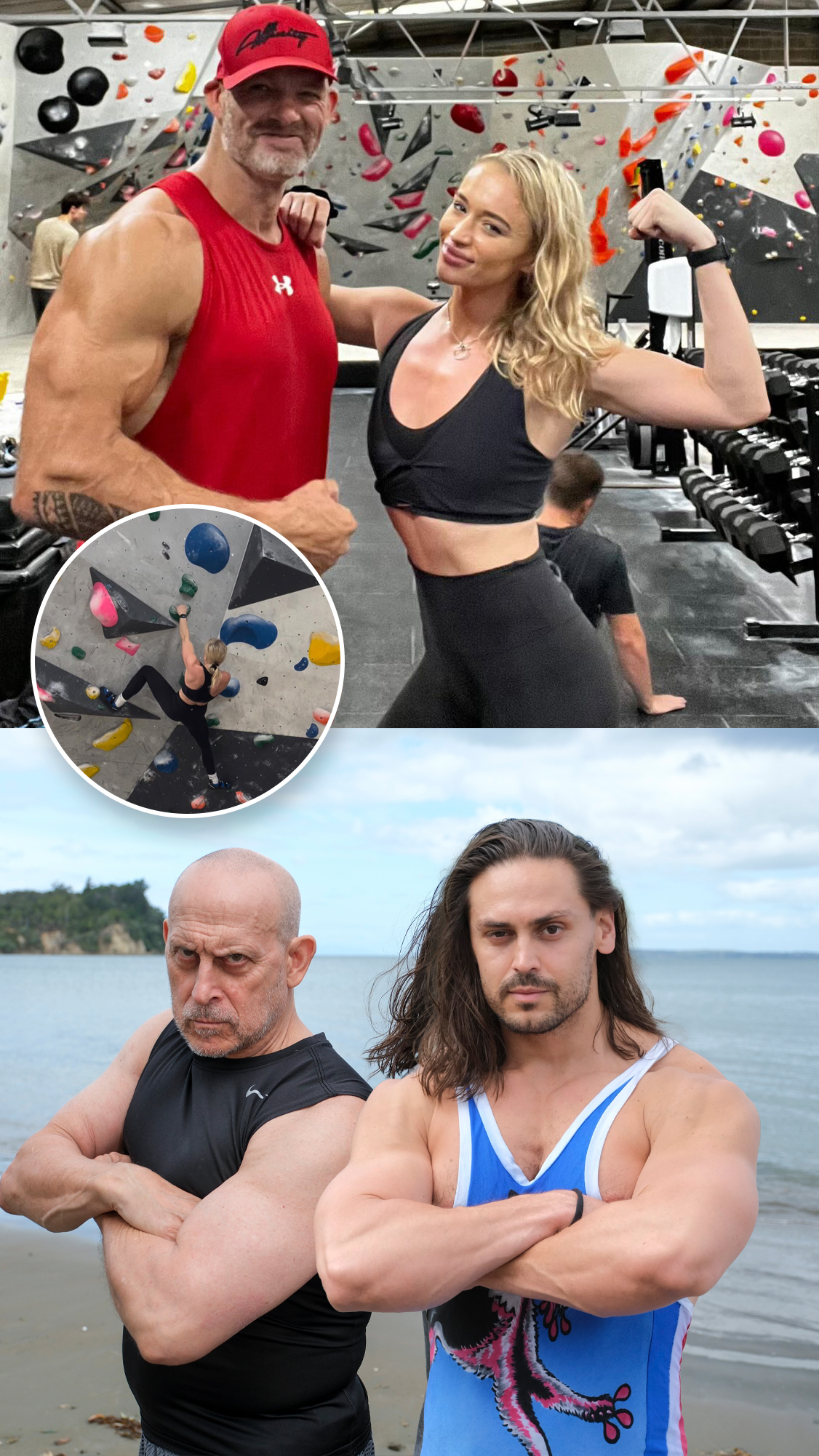 Top: Gladiator Hunter (James Crossley) training with Gladiator wannabe, Emily Diamond. Below: Wolf (Michael Van Wijk) and his son Dean