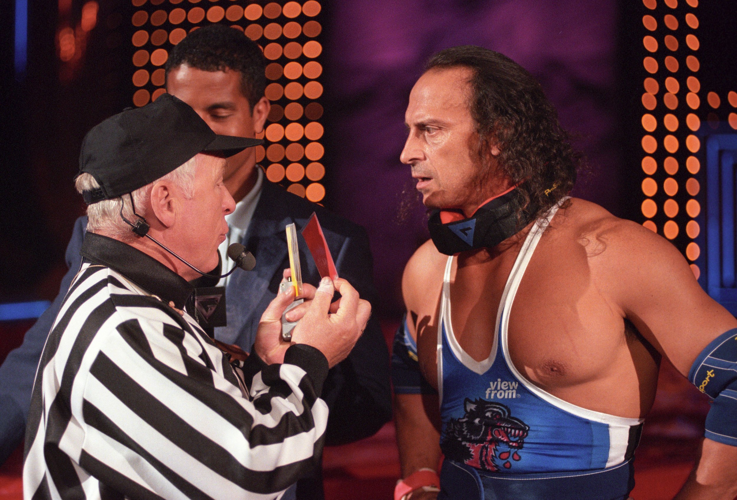 Wolf receiving one of many warnings from Gladiators referee John Anderson.
